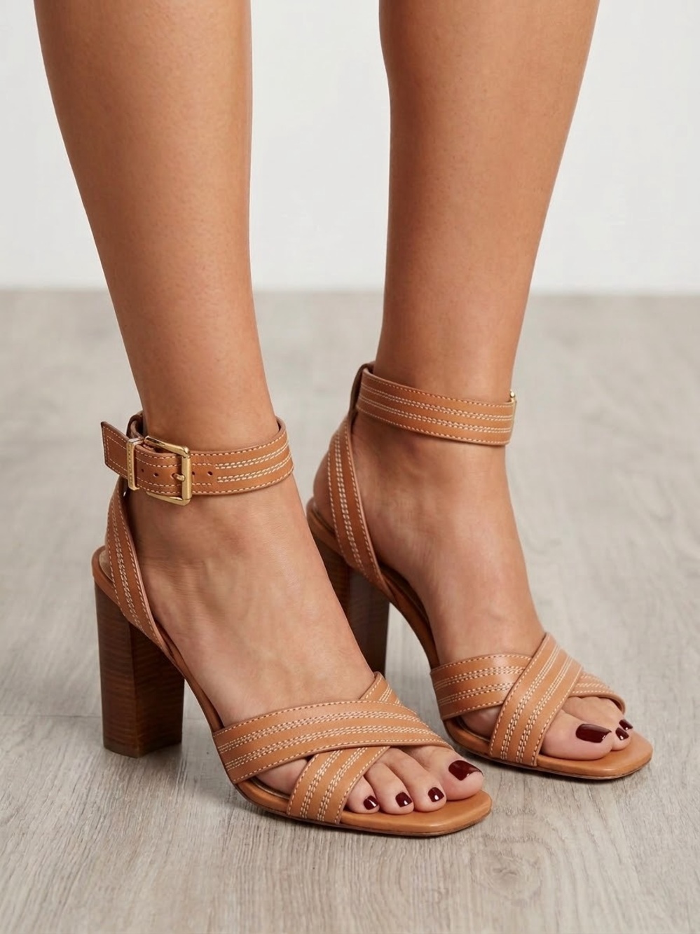 Veronica Beard Tan Leather Ankle-Strap Block Heels